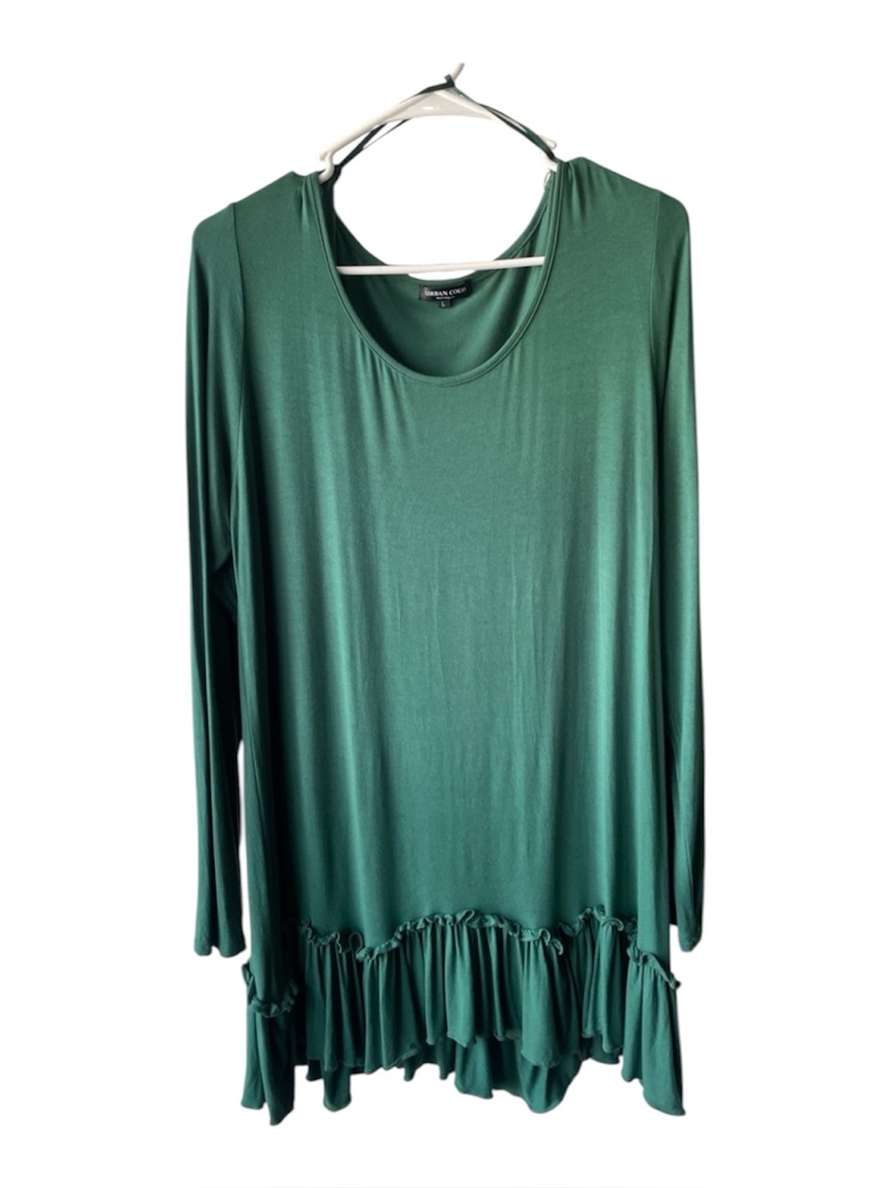 Susan Graver Forest Green Long Sleeve Ruffle-Hem Dress